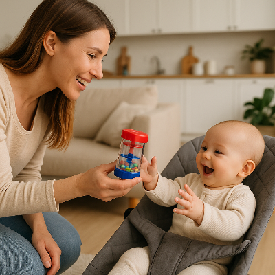 Maman tend avec assurance et sérénité le Bâton de Pluie à son bébé