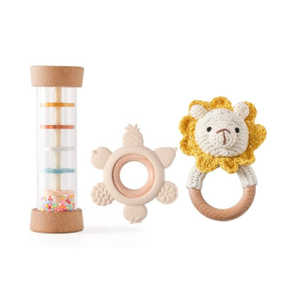 Variante baton de pluie bebe, Hochet lion et anneau de dentition