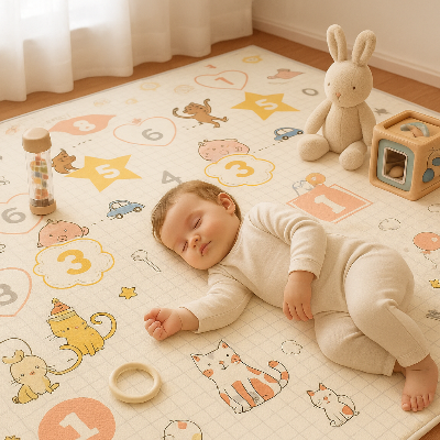 Tapis mouse bebe accompagne le tout petit qui s'endort en plein jeu.