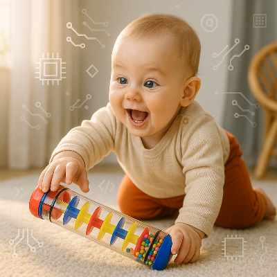 Bébé rampe pour attraper son baton de pluie, fasciné par les sons qu'il produit chaque fois qu'il le retourne ou fait rouler.