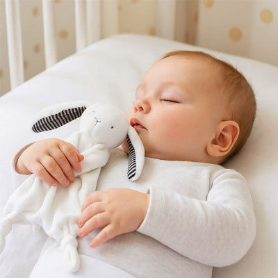 Bébé dort mieux avec son doudou lapin contre lui
