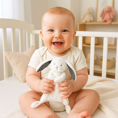 Bébé tout joyeux en caressant la texture soyeux de son doudou lapin