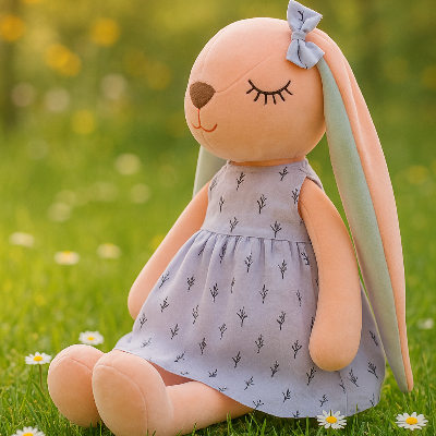 Doudou lapin bleu aux longues oreilles pour le développer la motricité fine et les muscle des petites mains.