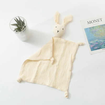 Doudou lapin jaune clair 100% coton double gaze
