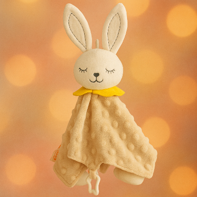 Doudou lapin au visage joyeux pour stimuler la joie.