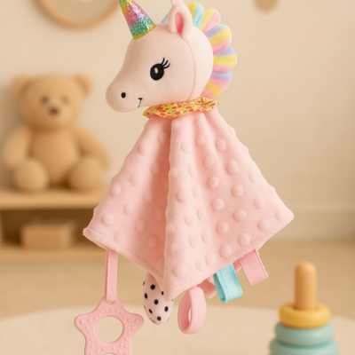 doudou licorne et ses motif en 3D pour l'éveil tactile