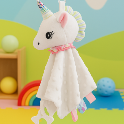 doudou licorne de couleur blanche au regard profond