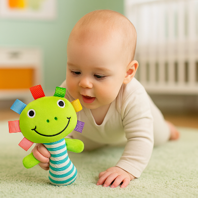 Le bébé est captivé par la structure et les étiquettes colorées de son hochet.