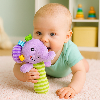 Bébé explore son hochet par la bouche et le touché les éblouis