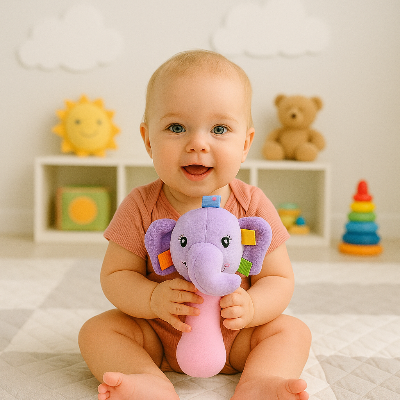 Bébé joue de facon autonome avec son hochet tout en souriant au bruit de la cloche intégré.
