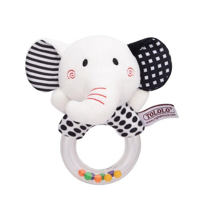 Hochet bebe visuel Eléphant noir et banc.
