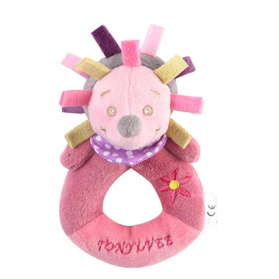 Hochet bebe visuel hérisson plein d'étiquettes multicolores.