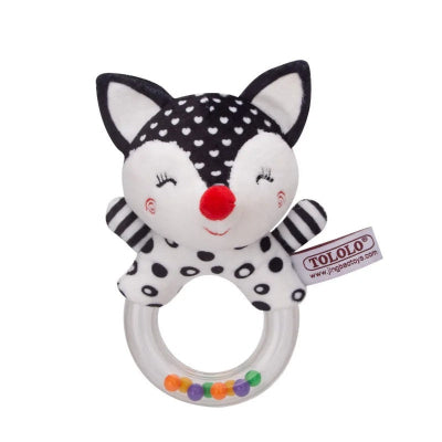 Hochet bebe Renard noir et blanc au museau rouge.