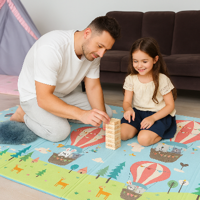 Père et sa petite fille jouent au jeu de  construction sur le tapis mousse bébé