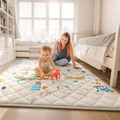 Maman passe du bo temps avec son fils durant ses jeux créatif sur la mousse tapis bebe.