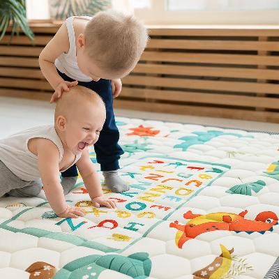Deux tout-petits s'amusent en toute liberté et sécuruté sur le grante mousse tapis bebe