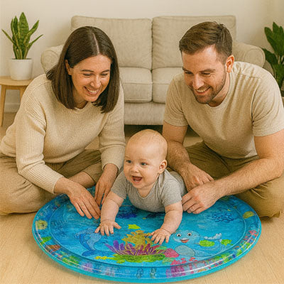 Papa et maman partarge l'emotion du tout petit sur tapis d'eau bébé