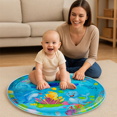 Bébé assis sur son tapis d'eau bébé avec sa maman qui l'observe sereinement tous deux tres joyeux