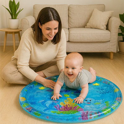 Le tout petit en position ventral sur le tapis d'eau bébé et essaye de maintenir son cou pour observer le mouvement des jouets.