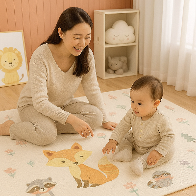 Maman observe la réaction curieuse de on bébé face aux imprimés sur tapis mousse bébé