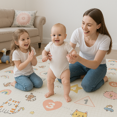 Toute la famille sur le tapis mousse bebe pour encourager le premiers pas du tout petit.