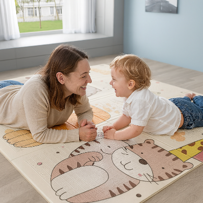 Bébé et maman en  plen exercices musculaire sur le tapis mousse bebe.