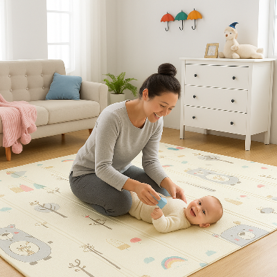 Des taquineries et chatouilles de maman en plein séance d'éveil  sur tapis mousse bebe.