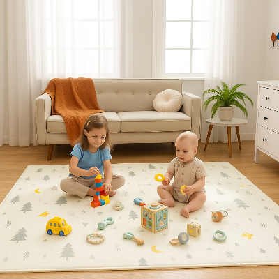 jeu à deux sur un tapis mousse bebe, tout au calme.